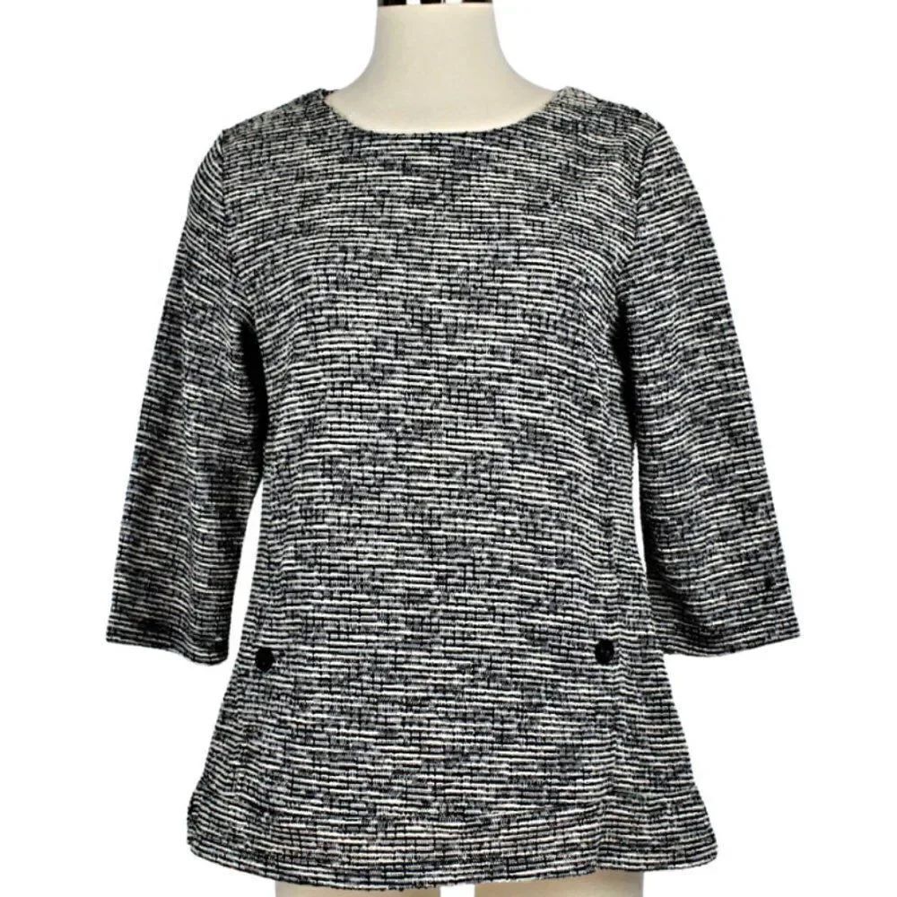 Carolyn Taylor Sweater Top Knit Pullover ¾ Sleeve Kangaroo Pocket Black/White L